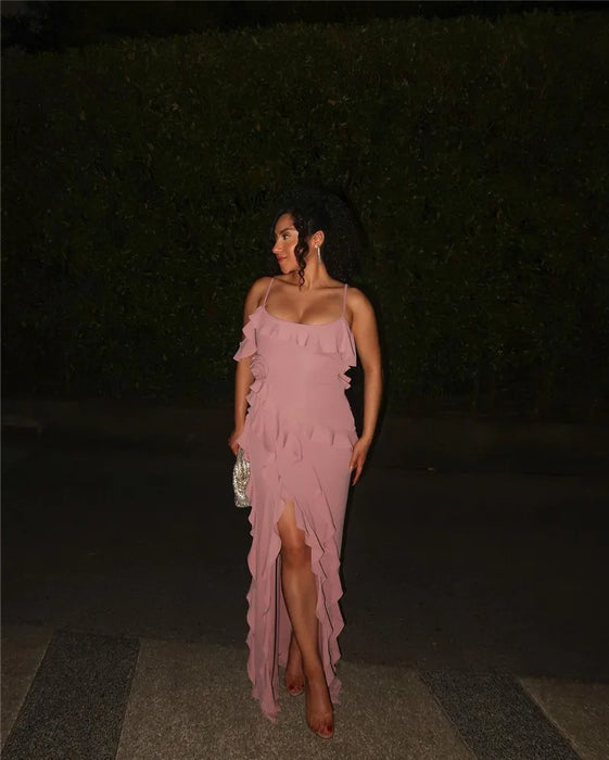 Elegant Ruffle Sexy Maxi Dress Women Spaghetti Strap Flower Sleeveless Backless High Split Club Party Evening Dress