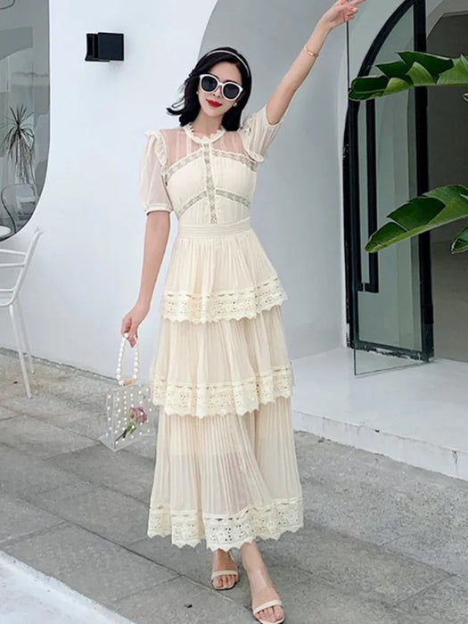 Beige Lace Long Dress High Qulity Luxury Design Runway Dress Short Sleeve Ruffle Summer Dresses