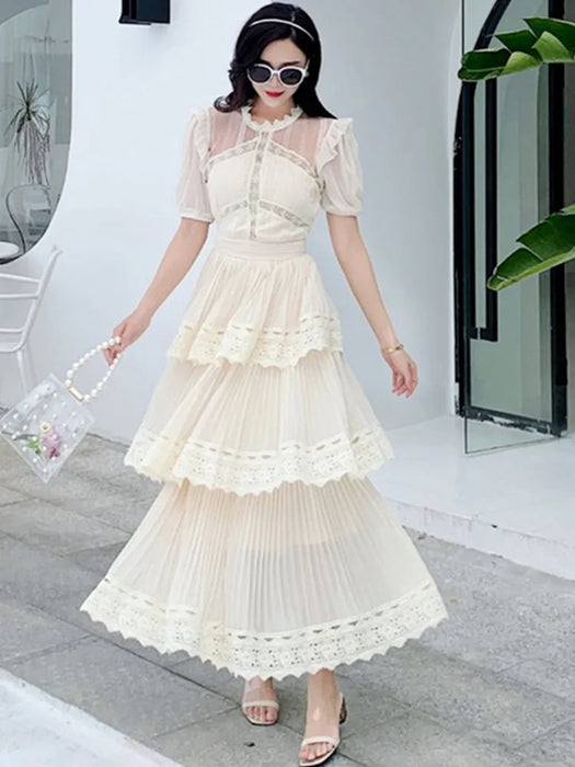 Beige Lace Long Dress High Qulity Luxury Design Runway Dress Short Sleeve Ruffle Summer Dresses