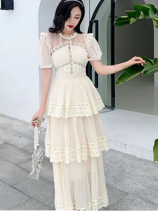 Beige Lace Long Dress High Qulity Luxury Design Runway Dress Short Sleeve Ruffle Summer Dresses