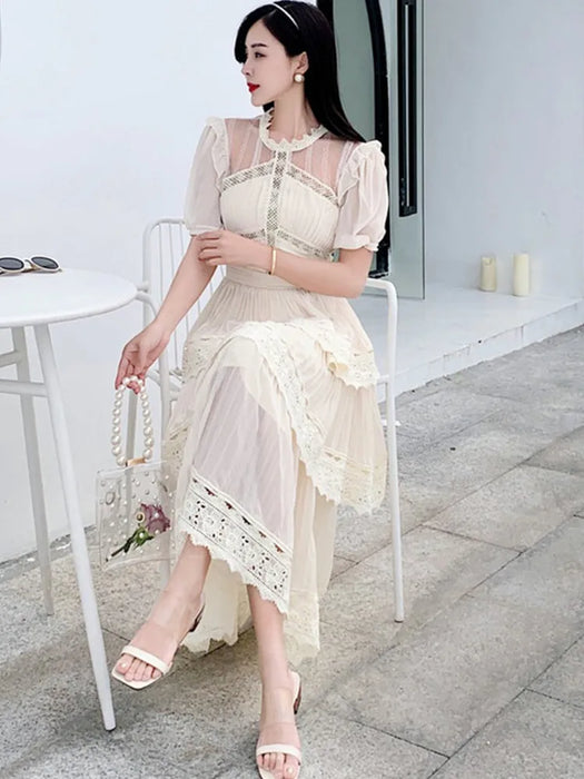 Beige Lace Long Dress High Qulity Luxury Design Runway Dress Short Sleeve Ruffle Summer Dresses