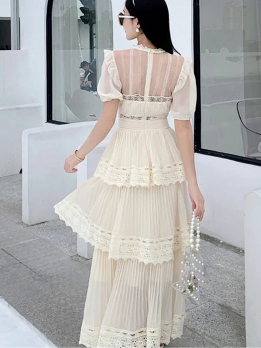 Beige Lace Long Dress High Qulity Luxury Design Runway Dress Short Sleeve Ruffle Summer Dresses