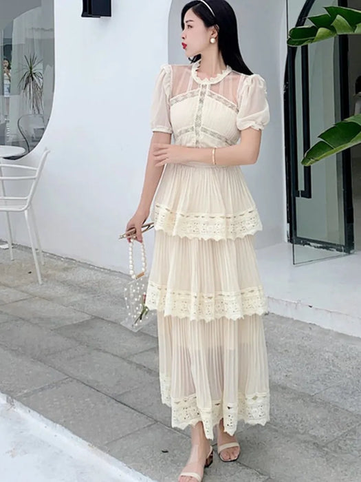 Beige Lace Long Dress High Qulity Luxury Design Runway Dress Short Sleeve Ruffle Summer Dresses