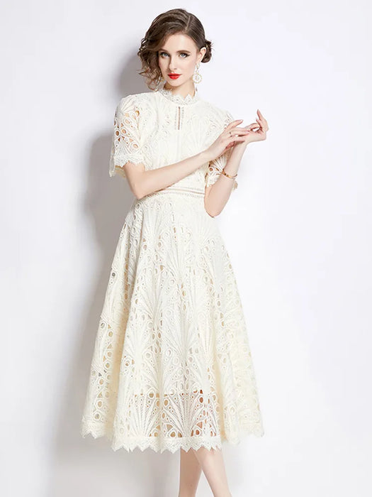 Stand Collar Lace Short Sleeve Summer Dress Women's Vintage Elegant Fashion Long Dresses