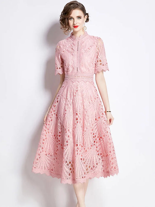 Stand Collar Lace Short Sleeve Summer Dress Women's Vintage Elegant Fashion Long Dresses