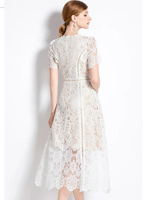 Designer Fashion Lace Hollow Out Long Dress Women Short Sleeve Elegant Mid-Length