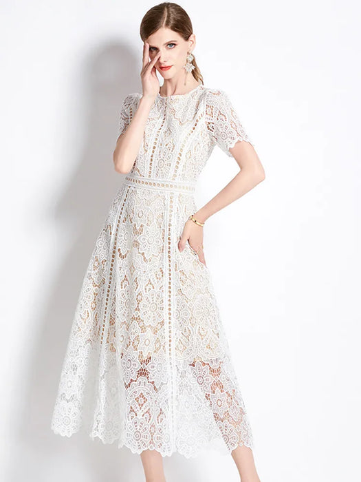 Designer Fashion Lace Hollow Out Long Dress Women Short Sleeve Elegant Mid-Length