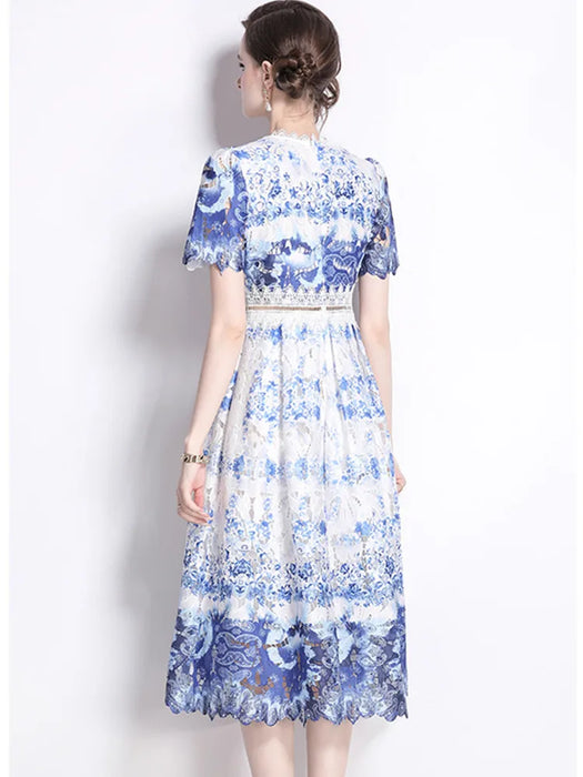 Lace Hollowed Out Summer Dress Women's Water-Soluble Printed Mid Length Dress