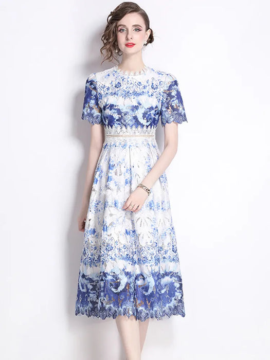 Lace Hollowed Out Summer Dress Women's Water-Soluble Printed Mid Length Dress