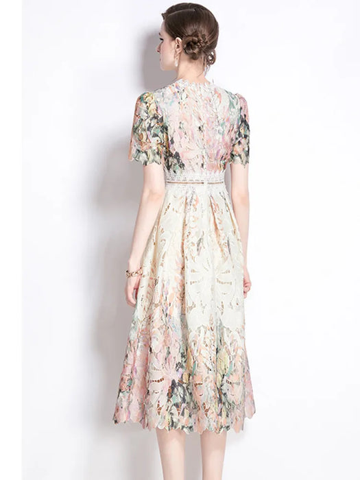 Lace Hollowed Out Summer Dress Women's Water-Soluble Printed Mid Length Dress