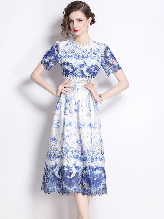 Lace Hollowed Out Summer Dress Women's Water-Soluble Printed Mid Length Dress