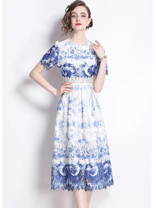 Lace Hollowed Out Summer Dress Women's Water-Soluble Printed Mid Length Dress