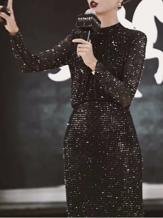 Rhinestones Long Dress New Fall Spring Women Fashion Party Dress