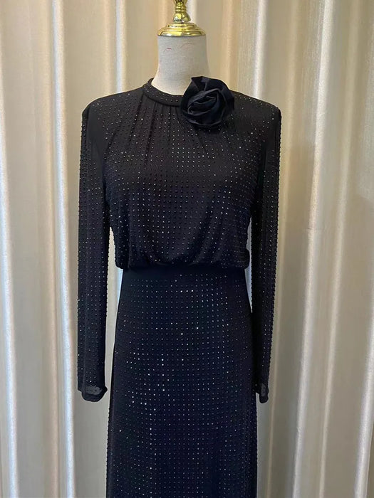 Rhinestones Long Dress New Fall Spring Women Fashion Party Dress