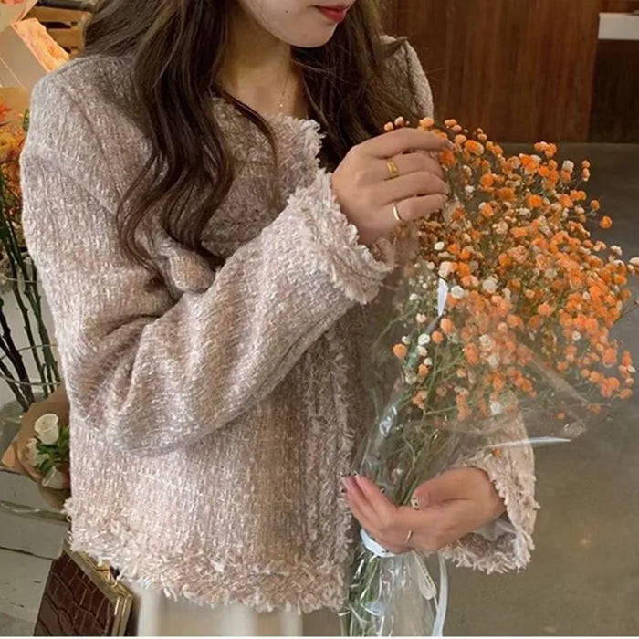 Tweed Woolen Jacket Coat Women Fall Single Breasted Plaid Tassel Office Lady Outwear