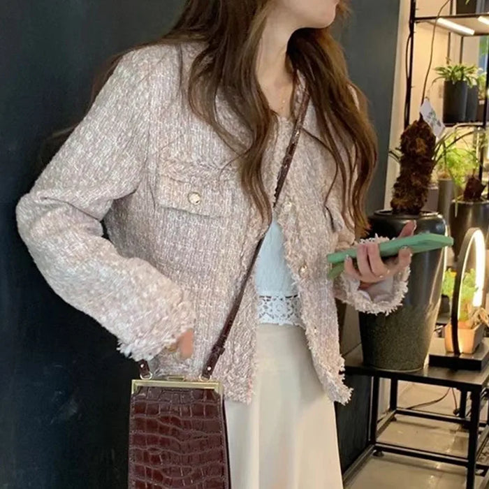 Tweed Woolen Jacket Coat Women Fall Single Breasted Plaid Tassel Office Lady Outwear