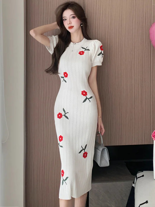 Embroidered Rose Knitted Dress For Women Runway Designer French Puff Sleeve Summer Dresses