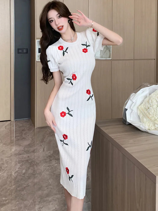Embroidered Rose Knitted Dress For Women Runway Designer French Puff Sleeve Summer Dresses