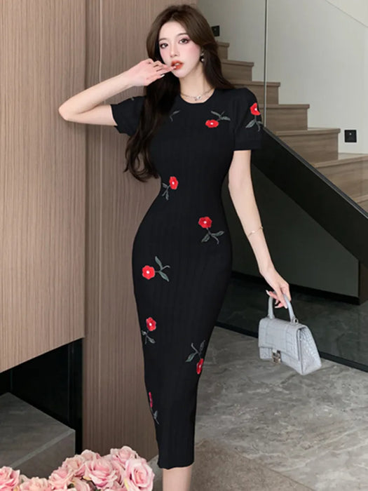 Embroidered Rose Knitted Dress For Women Runway Designer French Puff Sleeve Summer Dresses