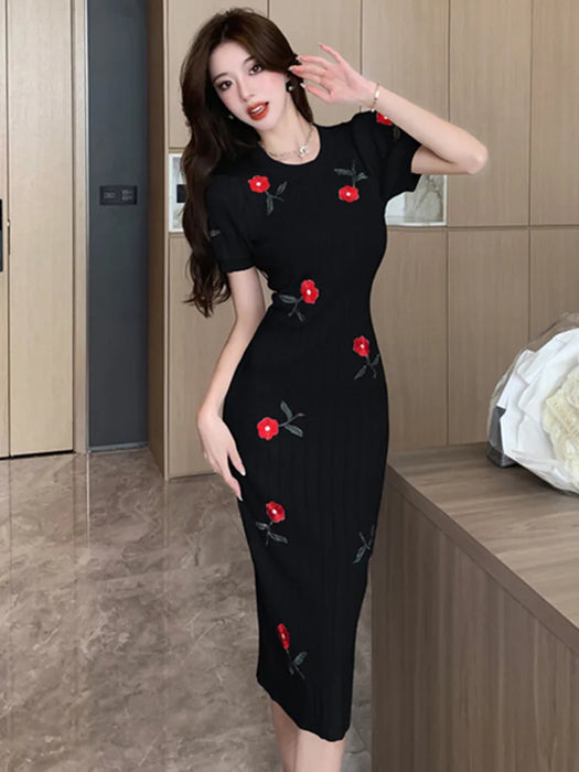Embroidered Rose Knitted Dress For Women Runway Designer French Puff Sleeve Summer Dresses