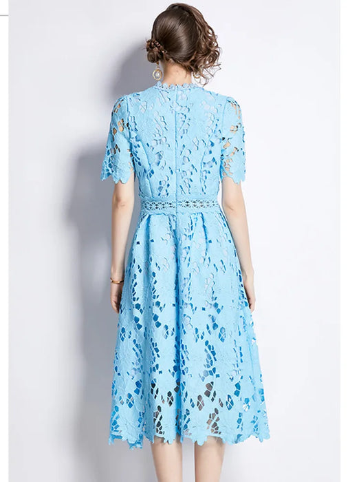 Embroidered Lace Hollow Out Dress Women's O-Neck Short Sleeve Long Dresses
