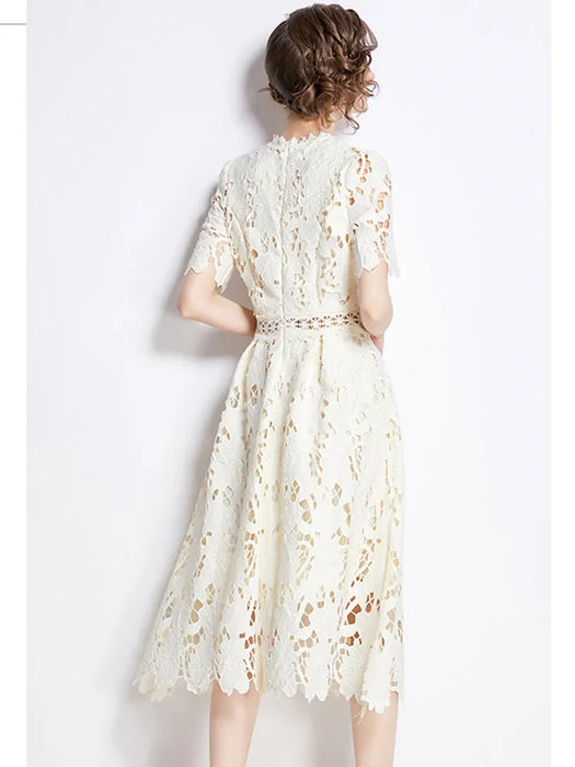 Embroidered Lace Hollow Out Dress Women's O-Neck Short Sleeve Long Dresses