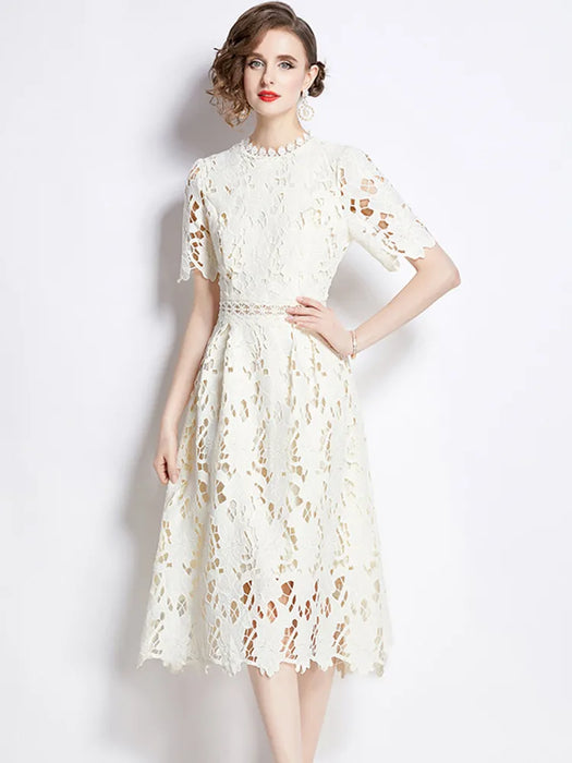Embroidered Lace Hollow Out Dress Women's O-Neck Short Sleeve Long Dresses