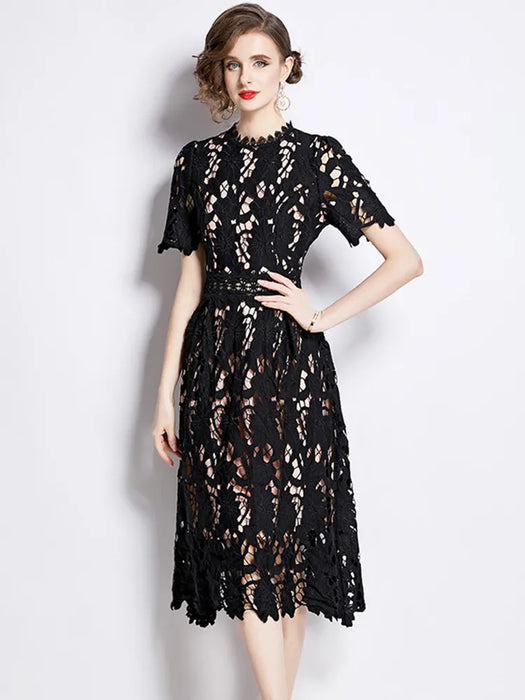 Embroidered Lace Hollow Out Dress Women's O-Neck Short Sleeve Long Dresses