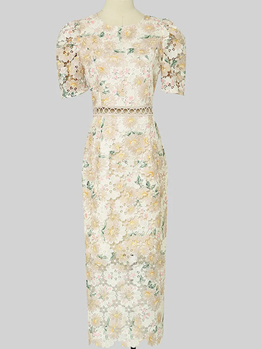 Embroidery Print Lace Hollow Out Dress For Women Short Sleeves Elegant Dresses