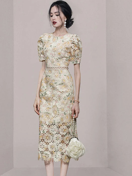 Embroidery Print Lace Hollow Out Dress For Women Short Sleeves Elegant Dresses