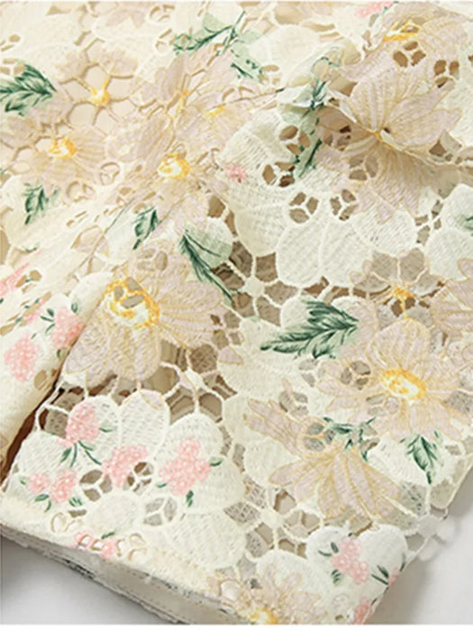 Embroidery Print Lace Hollow Out Dress For Women Short Sleeves Elegant Dresses