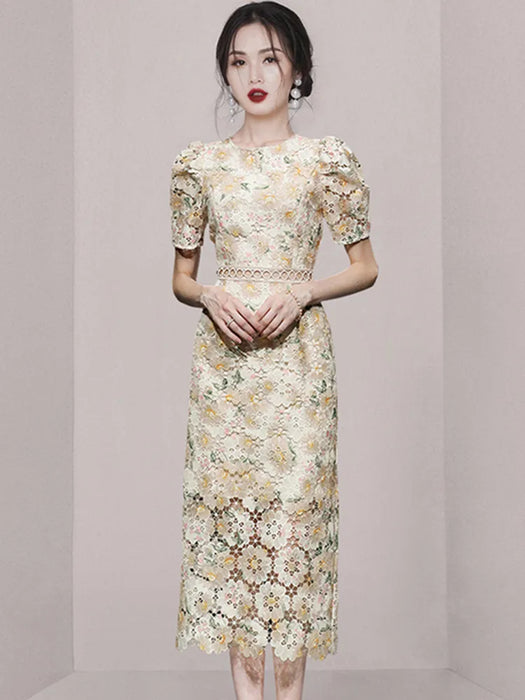 Embroidery Print Lace Hollow Out Dress For Women Short Sleeves Elegant Dresses
