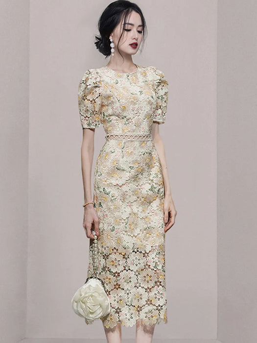 Embroidery Print Lace Hollow Out Dress For Women Short Sleeves Elegant Dresses