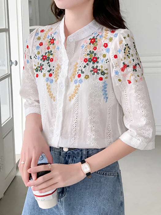 Embroidered Flower Jacquard Tops For Women Stand Collar Shirt