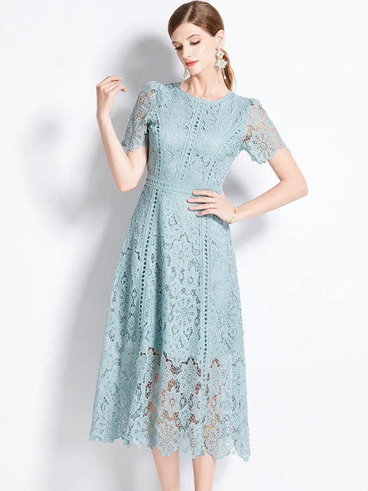 High-End O-Neck Short Sleeve Lace Hollow Out Dress For Women's Summer Slim Elegant Long Dress
