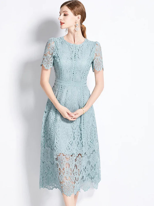 High-End O-Neck Short Sleeve Lace Hollow Out Dress For Women's Summer Slim Elegant Long Dress