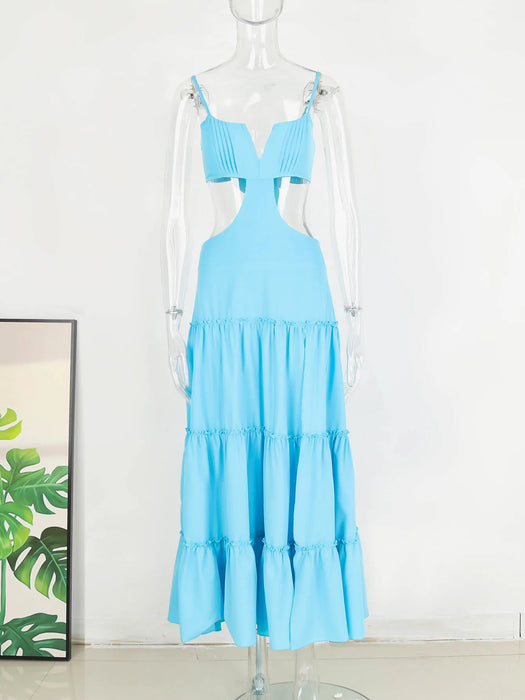 Summer Sexy Solid Women Dresses Deep V Sleeveless Naked Waist Split Long Dress Fashion Casual Party A-line