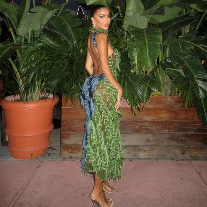 Women Patchwork Sleeveless See Though A-line Maxi Dress Sexy Party Club Evening Prom Long Chic Dresses