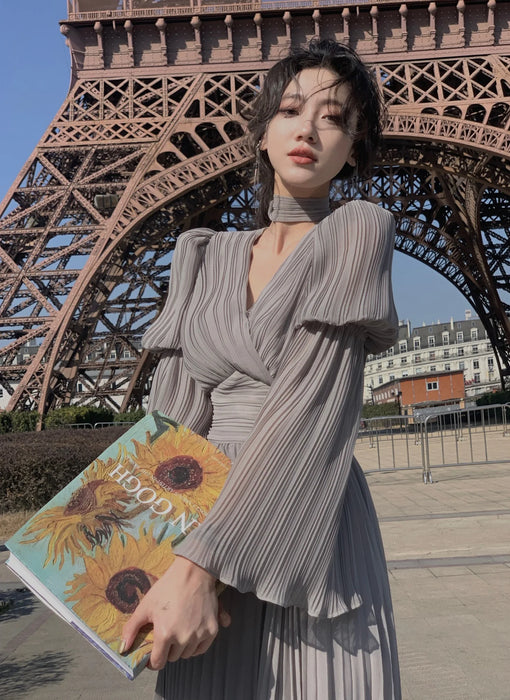 Womens French Elegant Ruffle Irregular Long Dress Pleated Party Evening