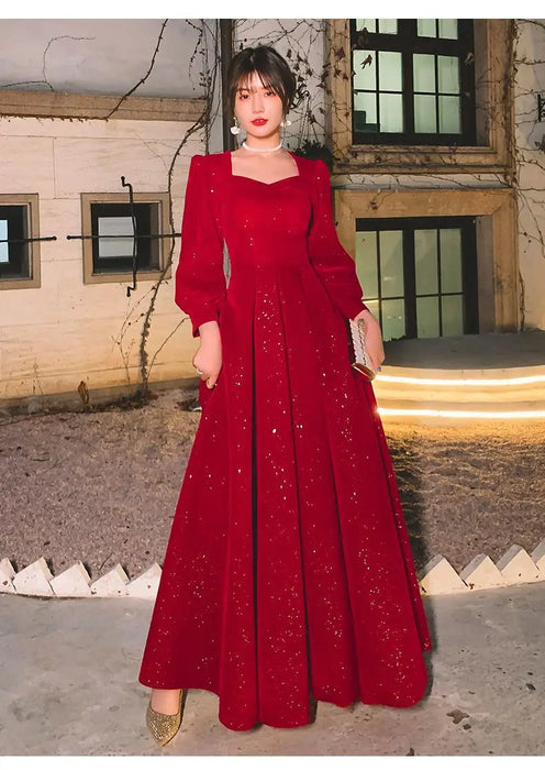 Elegant Red Sequins Midi Dress Women V-neck Formal Evening Party Dresses