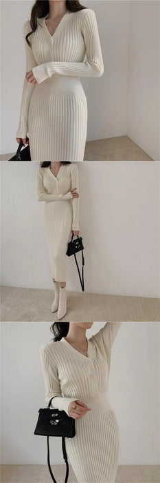 Knitted Long Sleeve Dresses Women Bodycon Dress Lady Winter Buttons V Neck Sweater