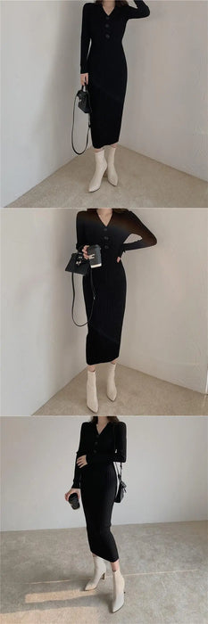 Knitted Long Sleeve Dresses Women Bodycon Dress Lady Winter Buttons V Neck Sweater