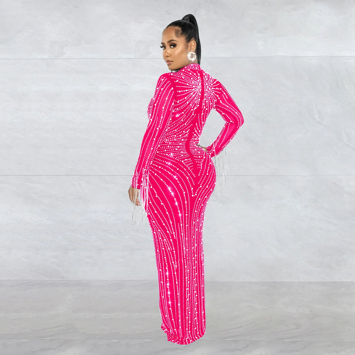 Women Mesh Tassel Long Sleeve Diamonds Hot Rhinestones Bodycon Midi Maxi Long Dress and Tank Inner Dresses 2piece Suit