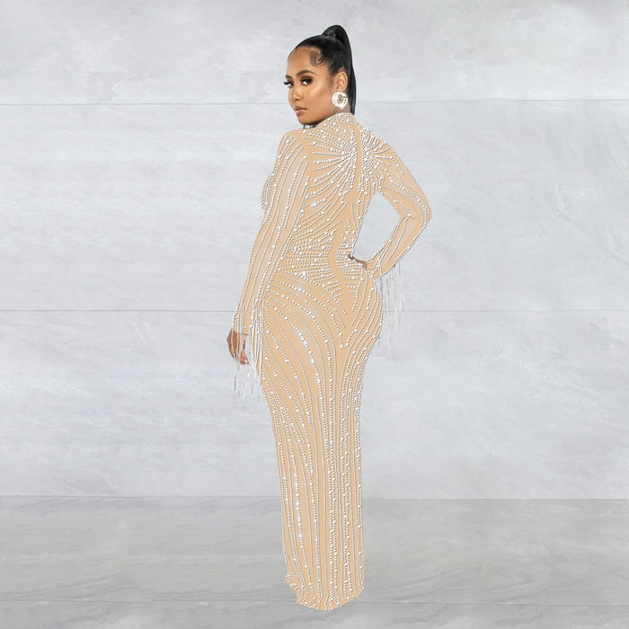 Women Mesh Tassel Long Sleeve Diamonds Hot Rhinestones Bodycon Midi Maxi Long Dress and Tank Inner Dresses 2piece Suit