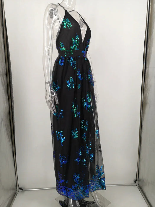 Backless Slip Green Sequin Party dress women summer Night club bodycon maxi Dress elegant evening dresses