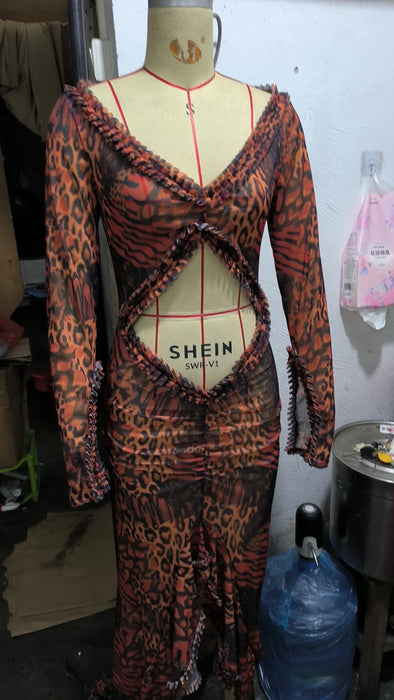 Deep V Neck Sheer Dress For Women Elegant Slim Hollow Out Dress Femme Holiday Beach Sexy Ruffle Slit Evening Ladies