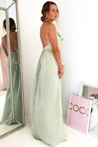 Mint Green Bridesmaid Dresses Side Slit Backless Gown Long Satin Summer Evening Dress For Women