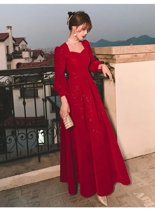 Elegant Red Sequins Midi Dress Women V-neck Formal Evening Party Dresses