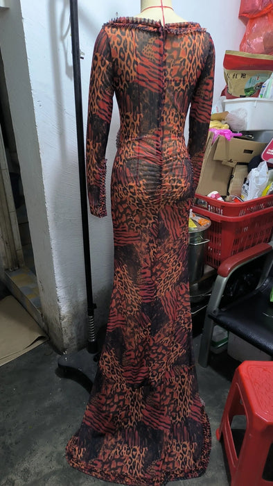 Deep V Neck Sheer Dress For Women Elegant Slim Hollow Out Dress Femme Holiday Beach Sexy Ruffle Slit Evening Ladies