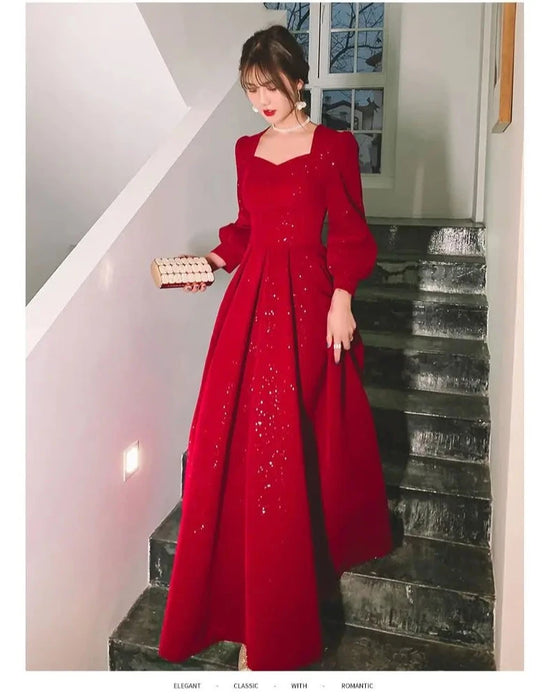 Elegant Red Sequins Midi Dress Women V-neck Formal Evening Party Dresses